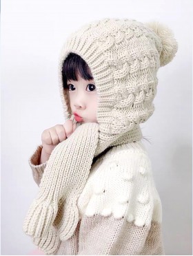  Kids Fashion Knitted Hat with Attached Scarf 